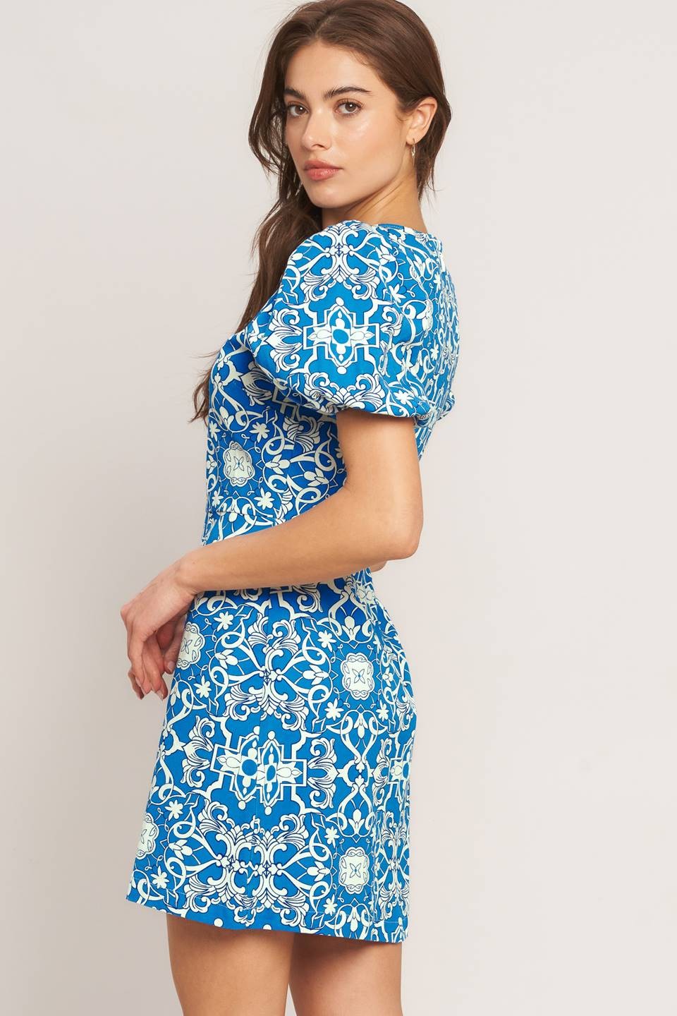 Astrid blue porcelain puff sleeve mini dress