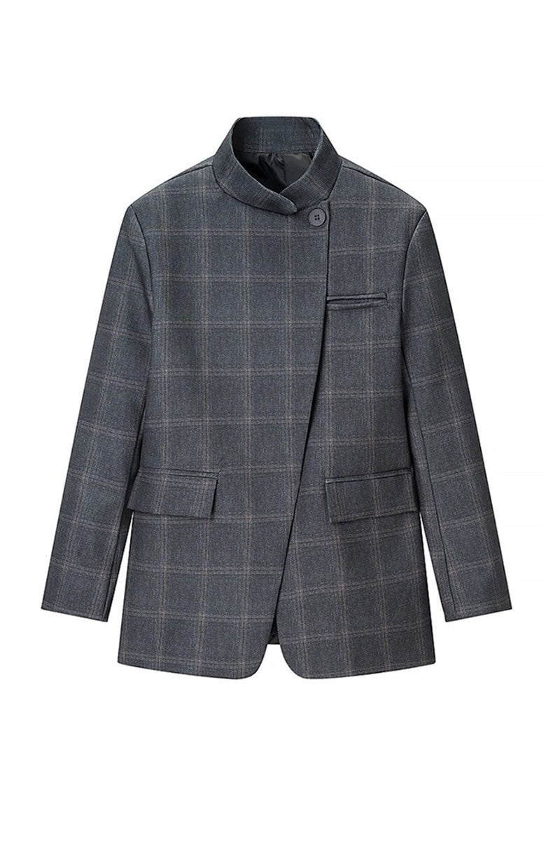 Verity Grey High Neck Plaid Blazer