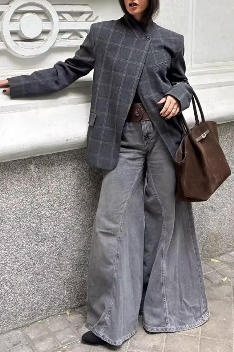 Verity Grey High Neck Plaid Blazer