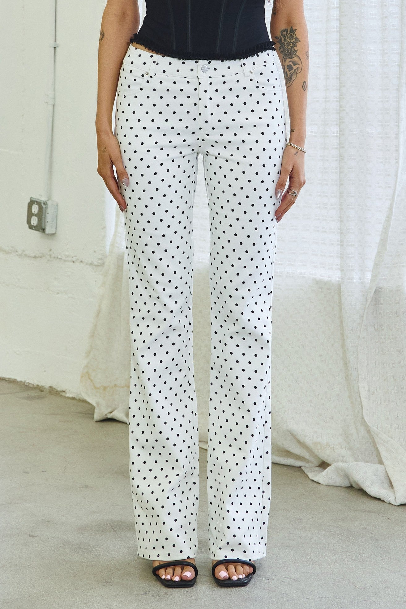 Dilly White and Black Polka Dot Flare Jeans