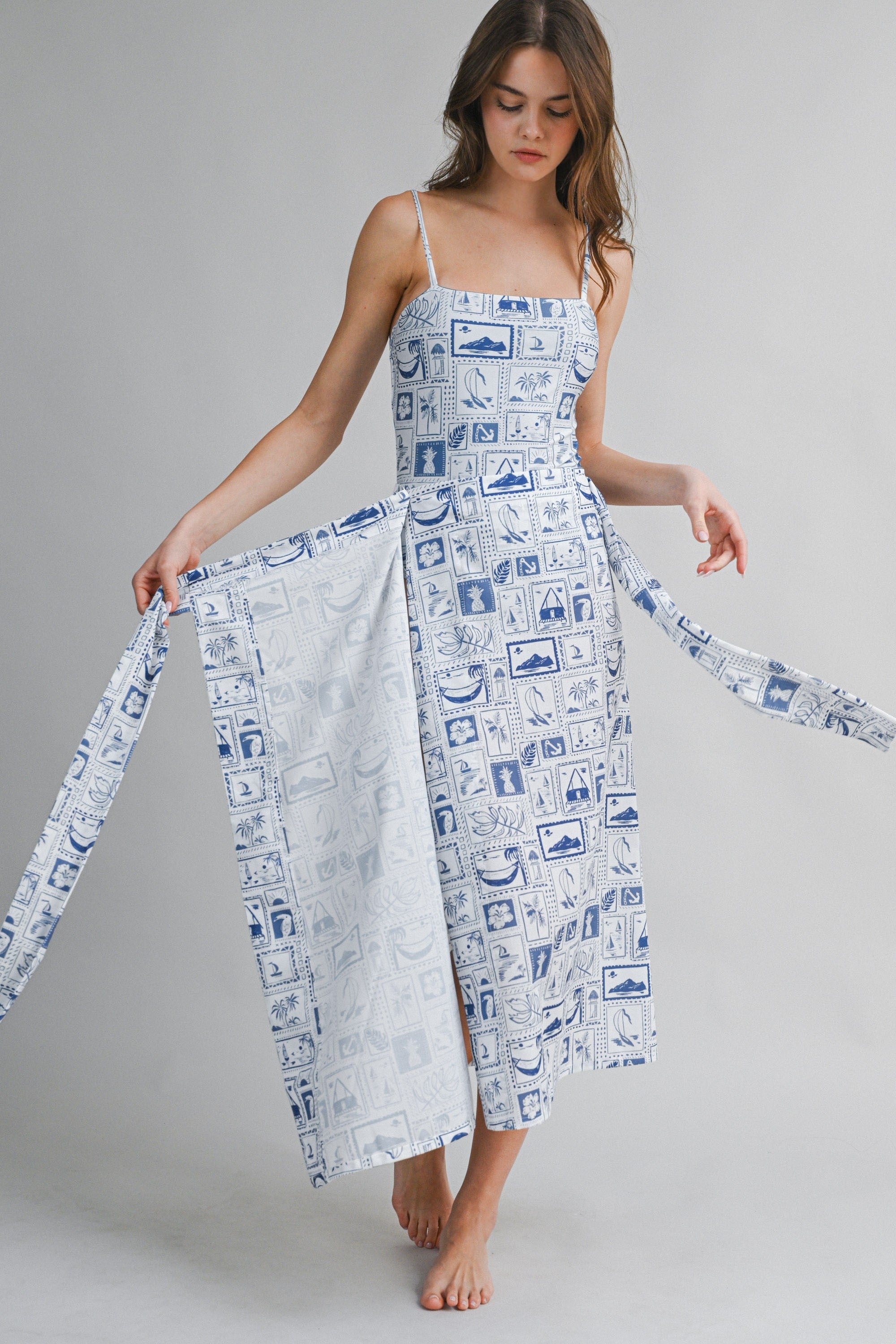 Marisol Blue Nautical Print Midi Wrap Skirt