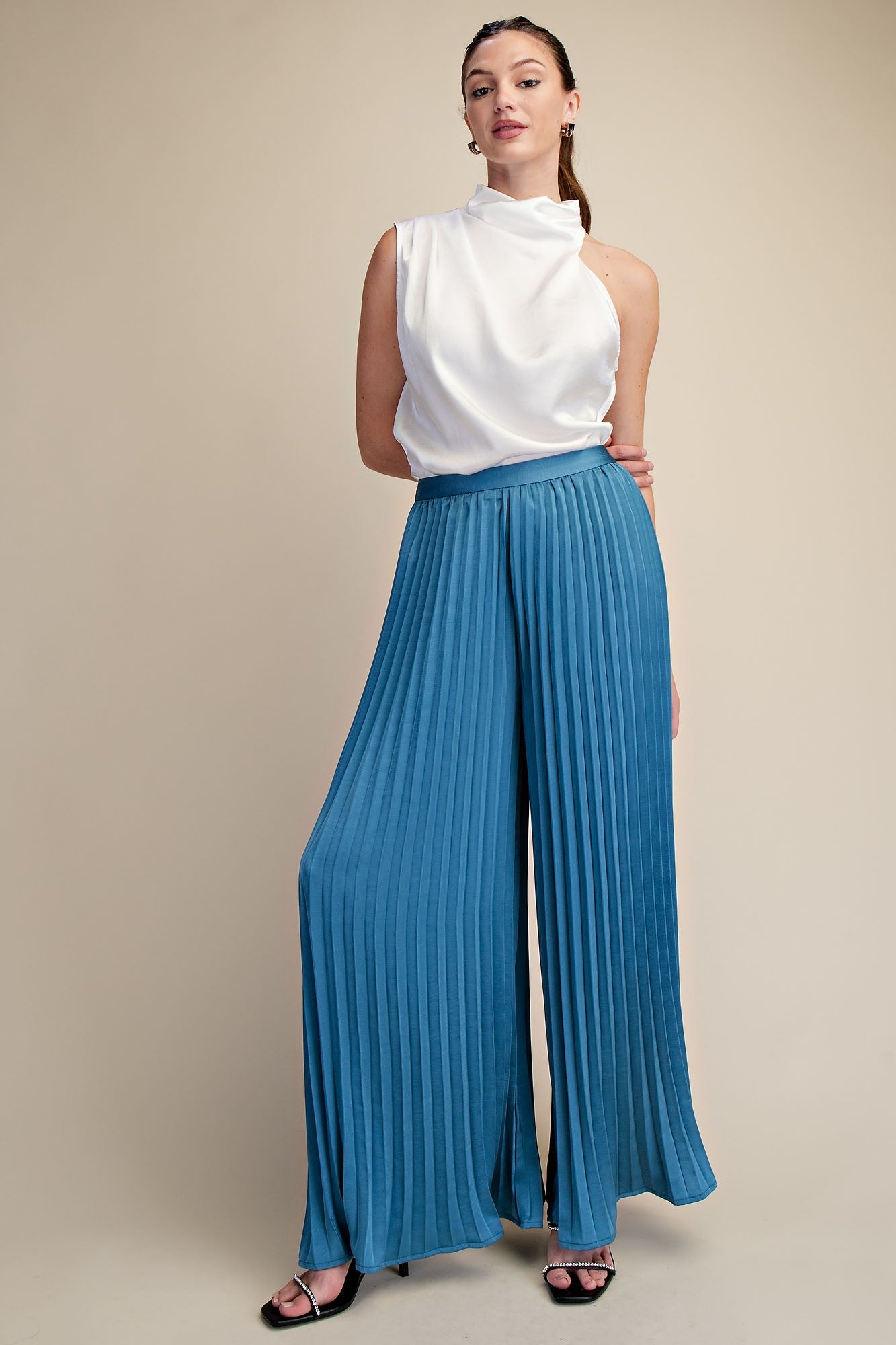Molly Slate Blue Satin Pleated Flowy Pants