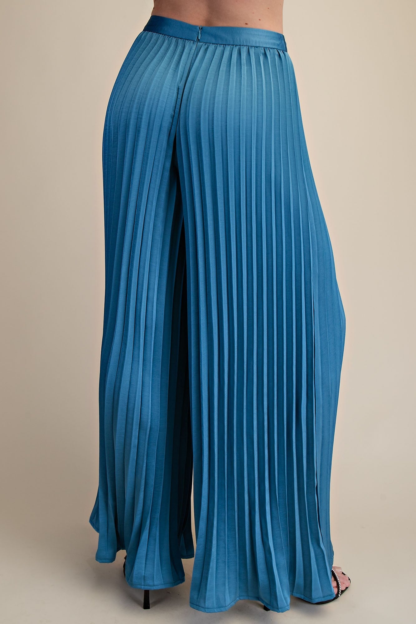 Molly Slate Blue Satin Pleated Flowy Pants