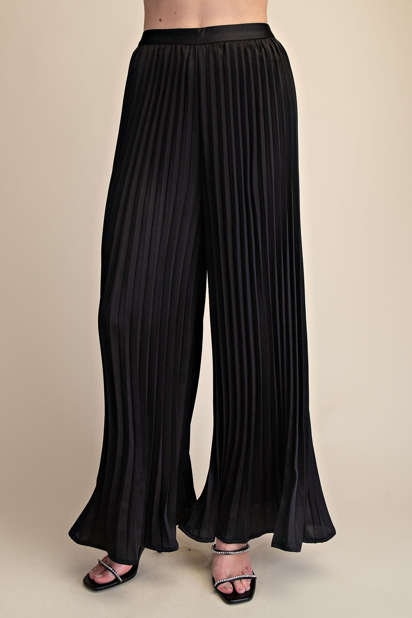 Molly Black Satin Pleated Flowy Pants