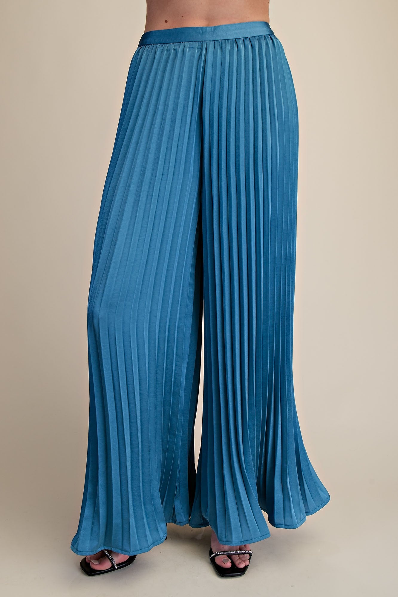 Molly Slate Blue Satin Pleated Flowy Pants