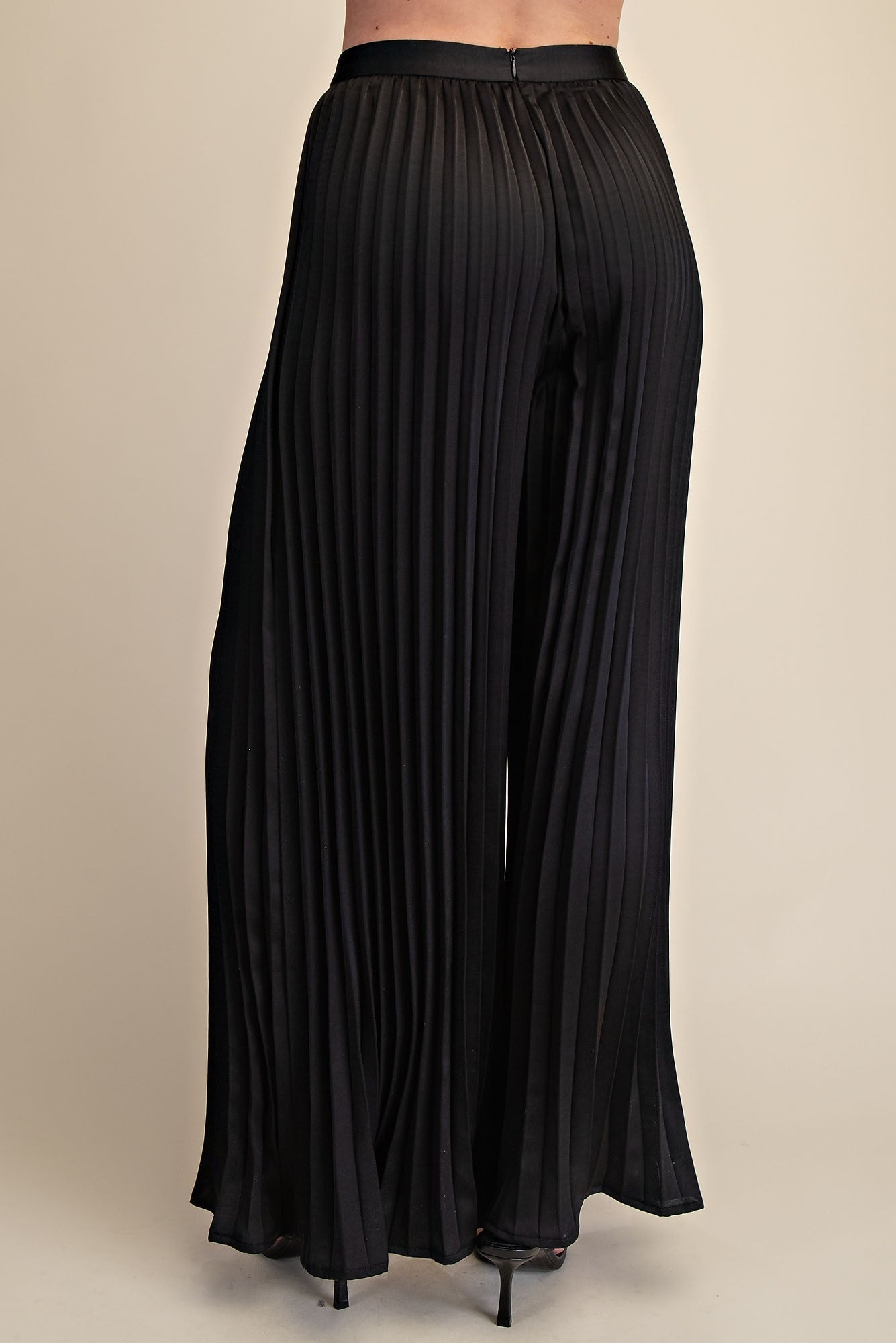 Molly Black Satin Pleated Flowy Pants