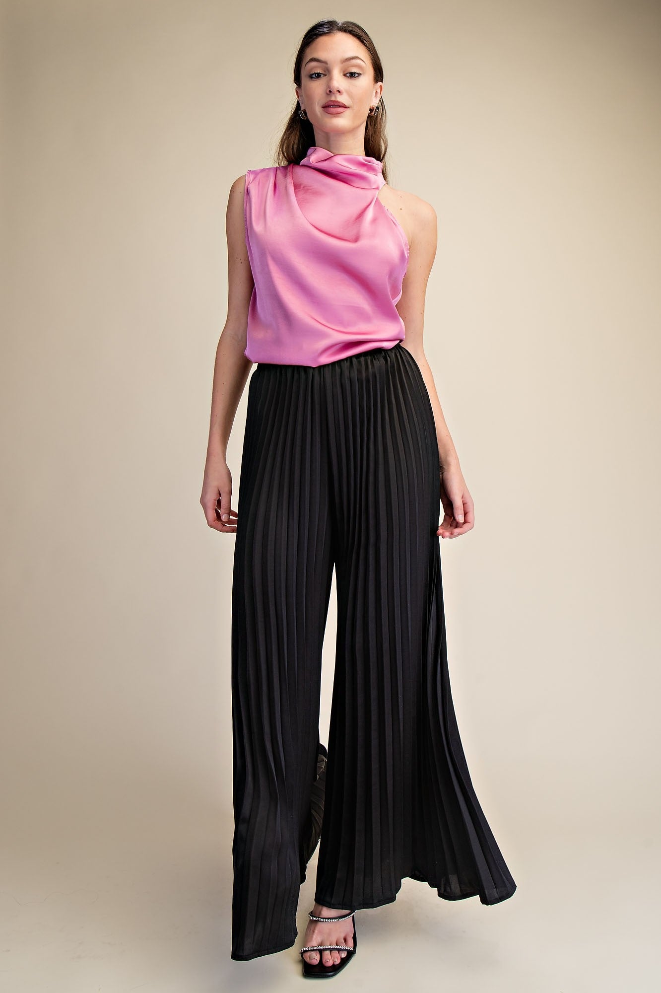 Molly Black Satin Pleated Flowy Pants