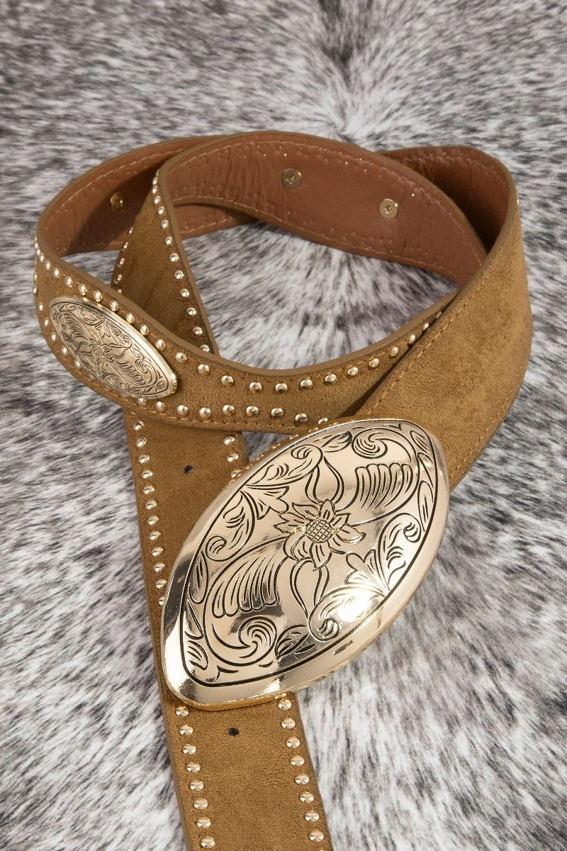 Cognac Vegan Leather Western Oval Belt