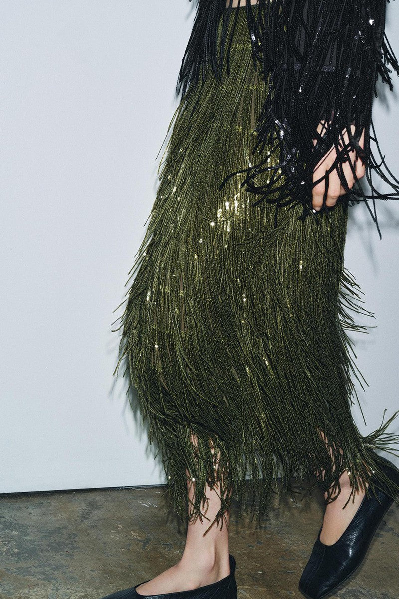 Freya Hunter Green Fringe Detail Midi Skirt