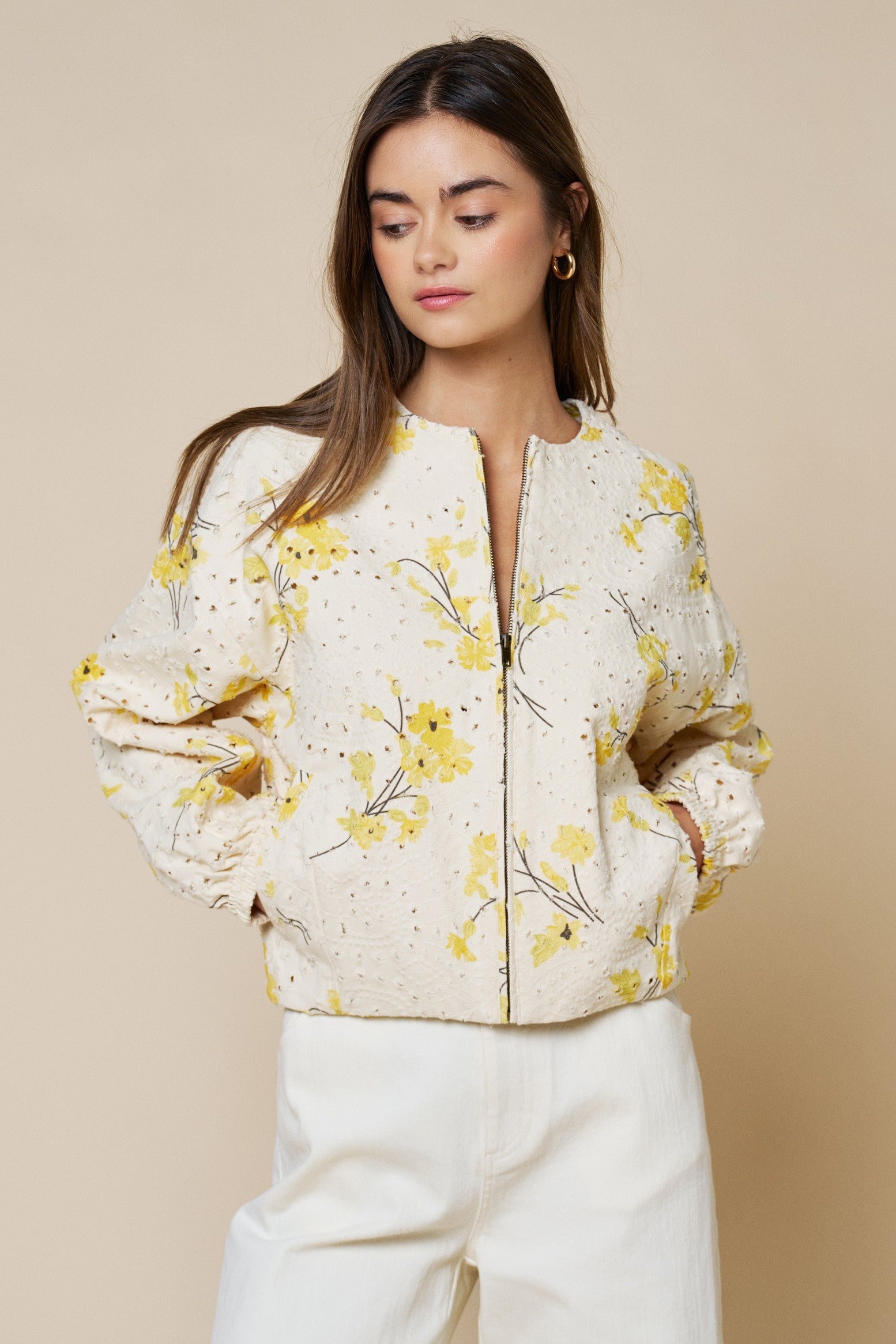 Celia Cream Floral Embroidered Zip Up Jacket