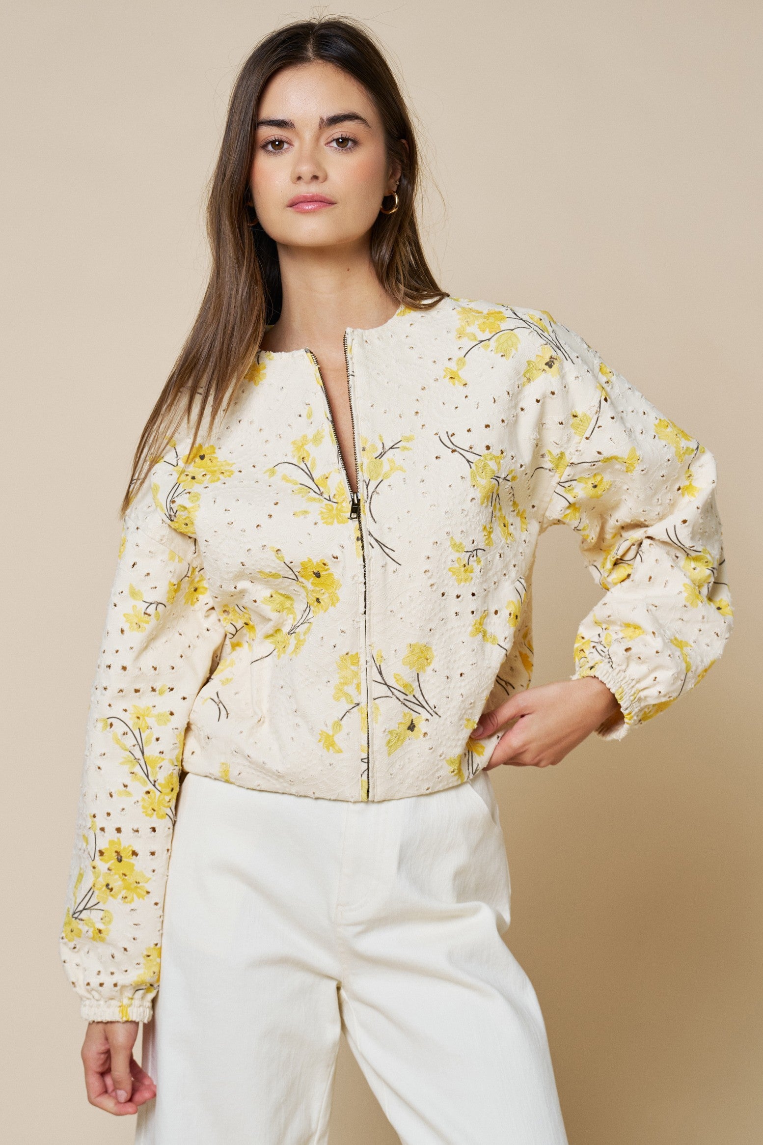 Celia Cream Floral Embroidered Zip Up Jacket