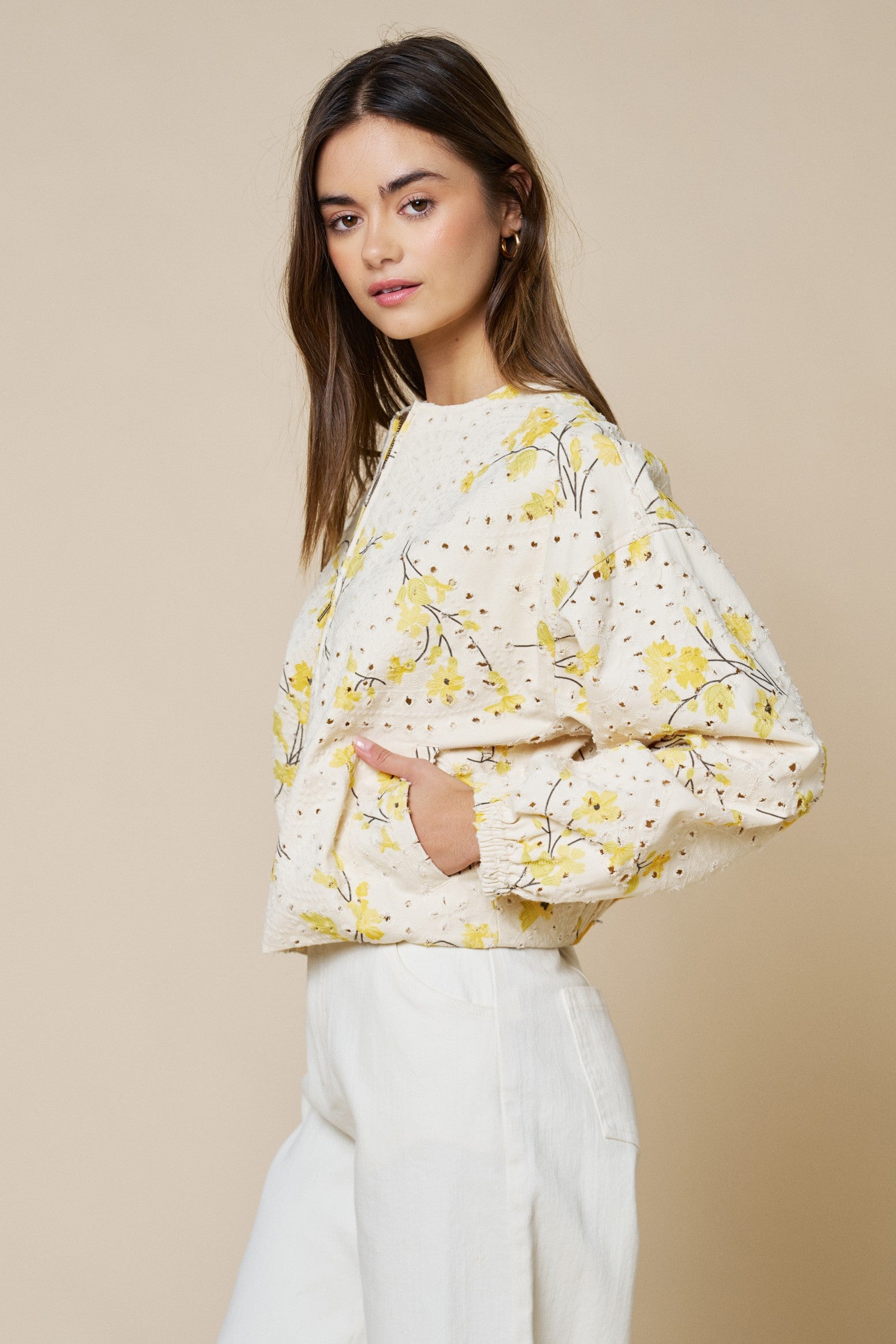 Celia Cream Floral Embroidered Zip Up Jacket