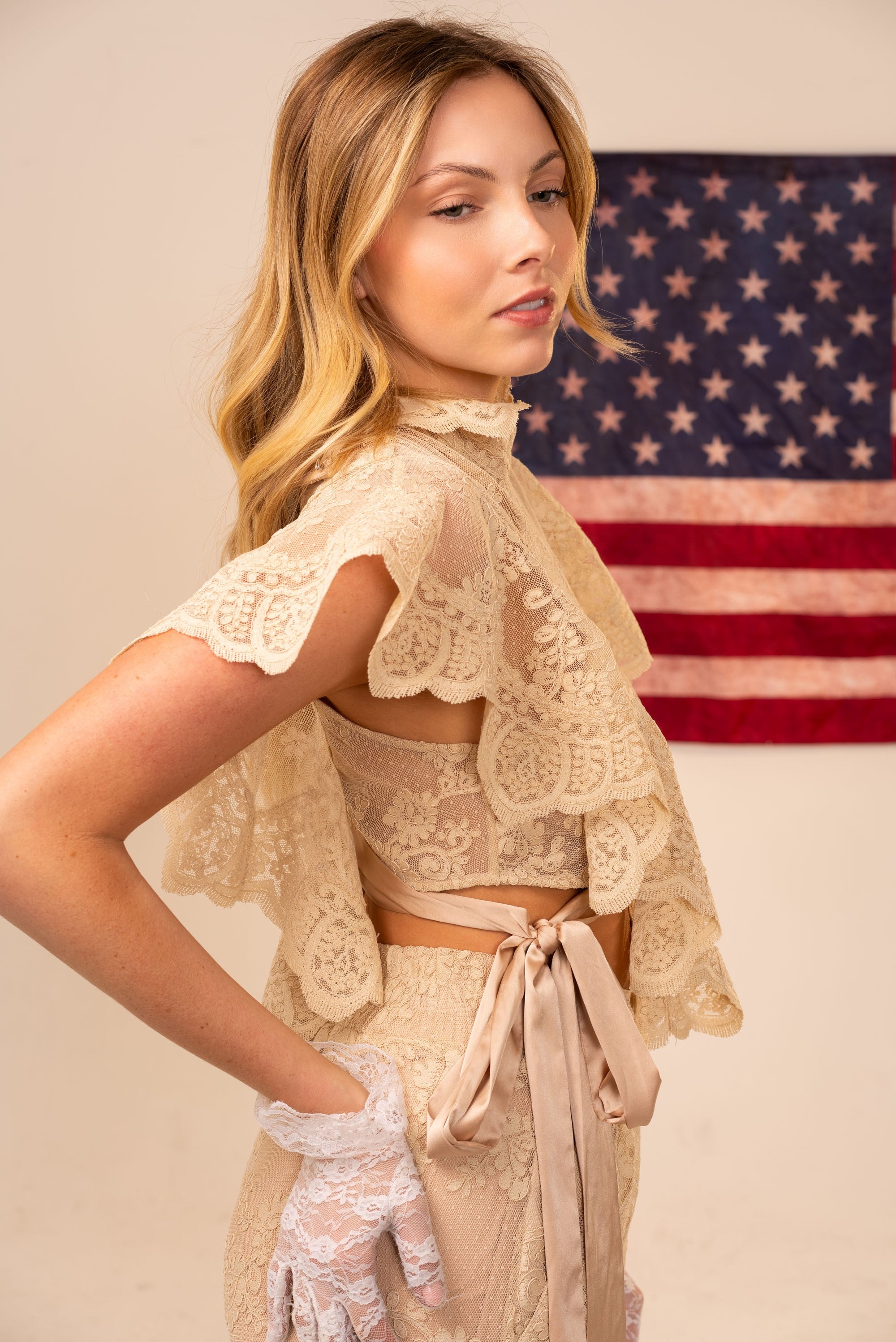 Hattie Beige Sheer Floral Mock Neck Lace Top