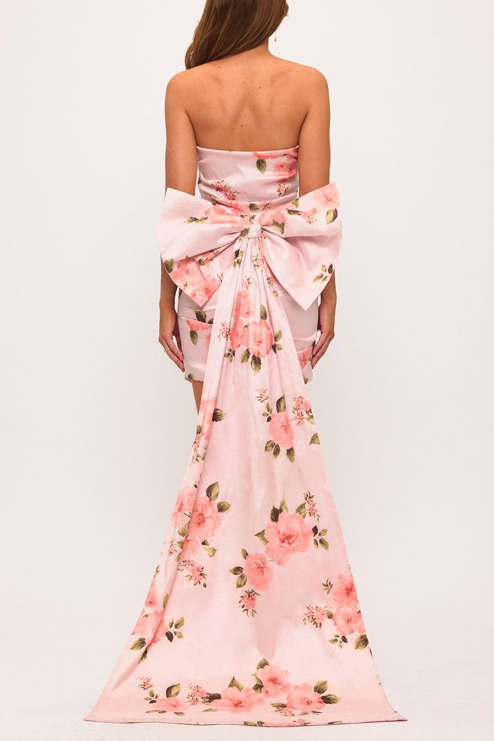 Molly Blush Pink Floral Bow Train Strapless Mini Dress