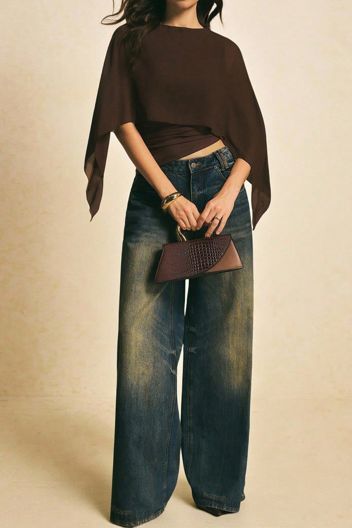 Amira Coffee Brown Asymmetric Chiffon Cape Top