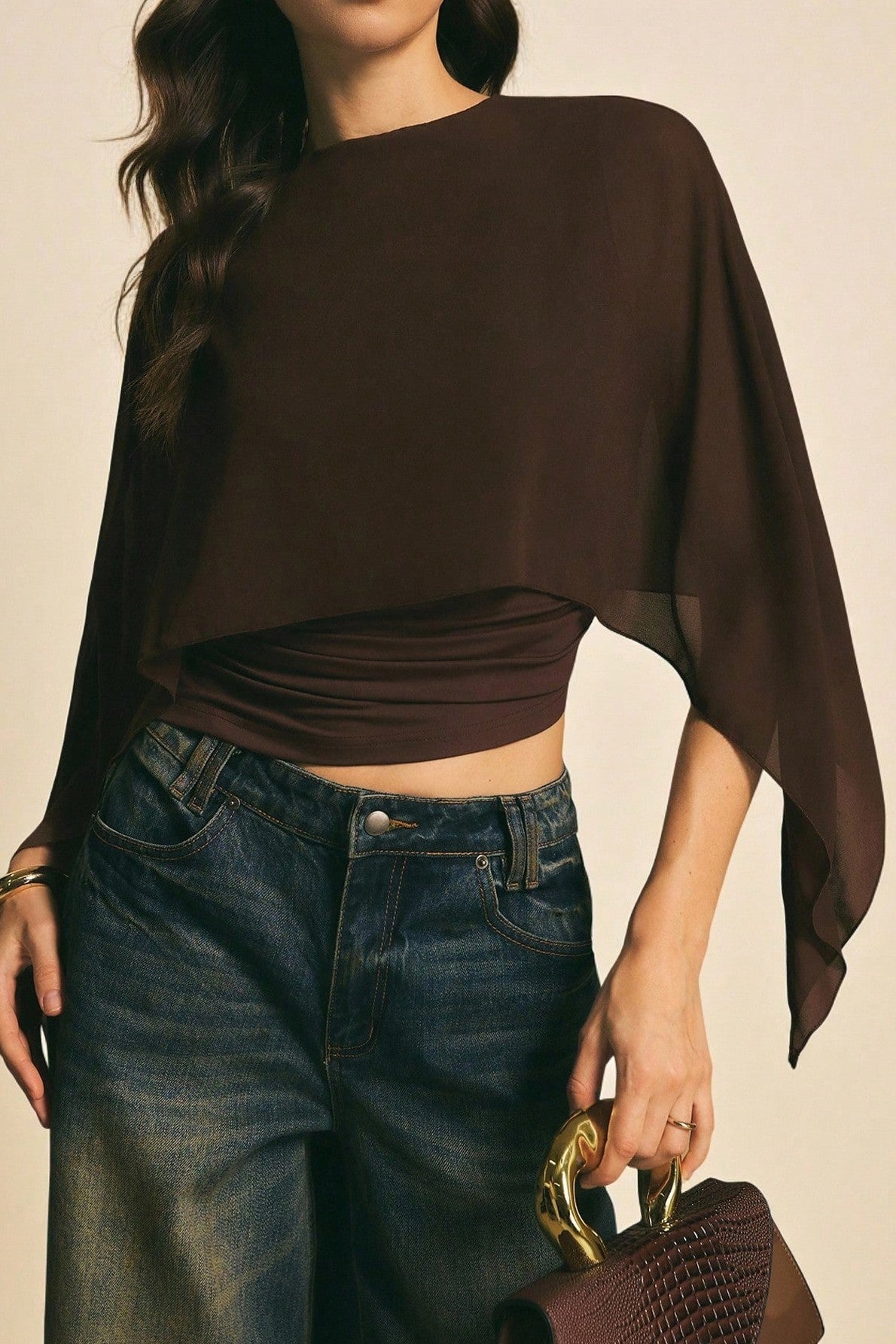 Amira Coffee Brown Asymmetric Chiffon Cape Top