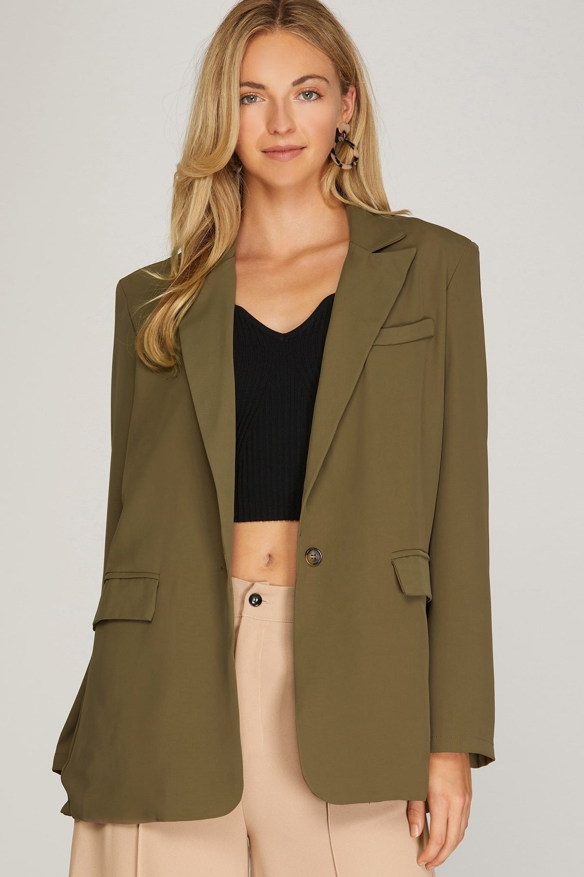 Teagan Olive Single Breasted Woven Blazer