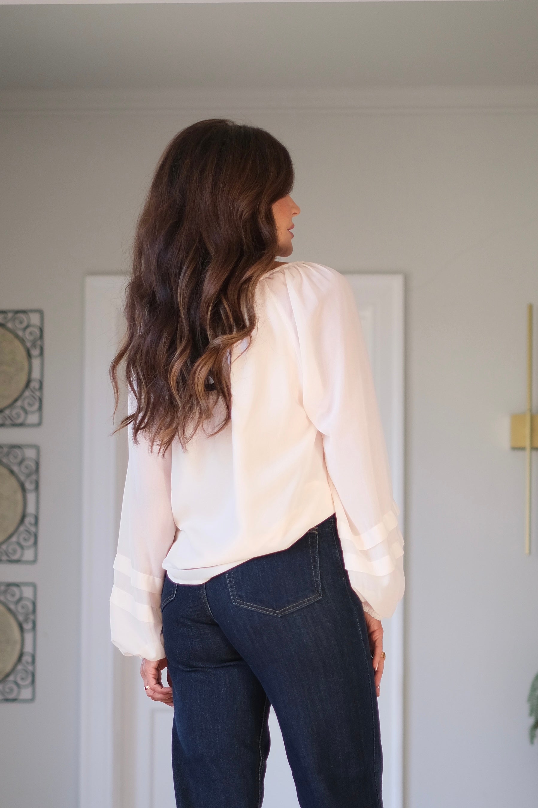 Paige Cream Puff Long Sleeve Blouse with Pearl Details