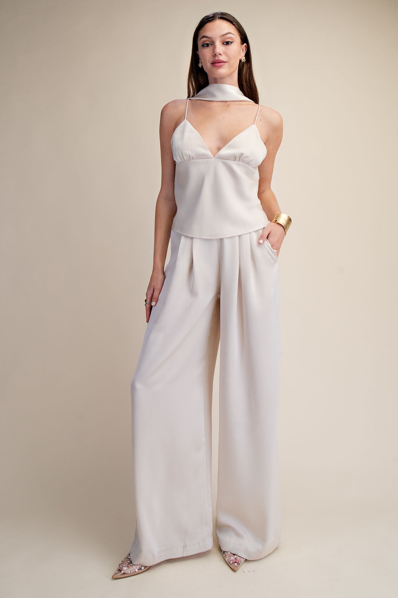 Devon Cream Pleated High Rise Wide Leg Pants