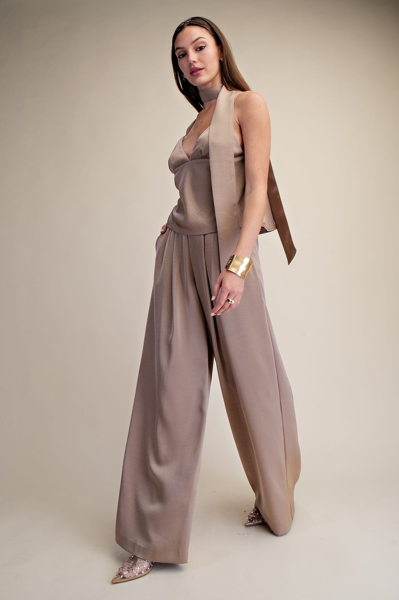 Devon Mocha Pleated High Rise Wide Leg Pants
