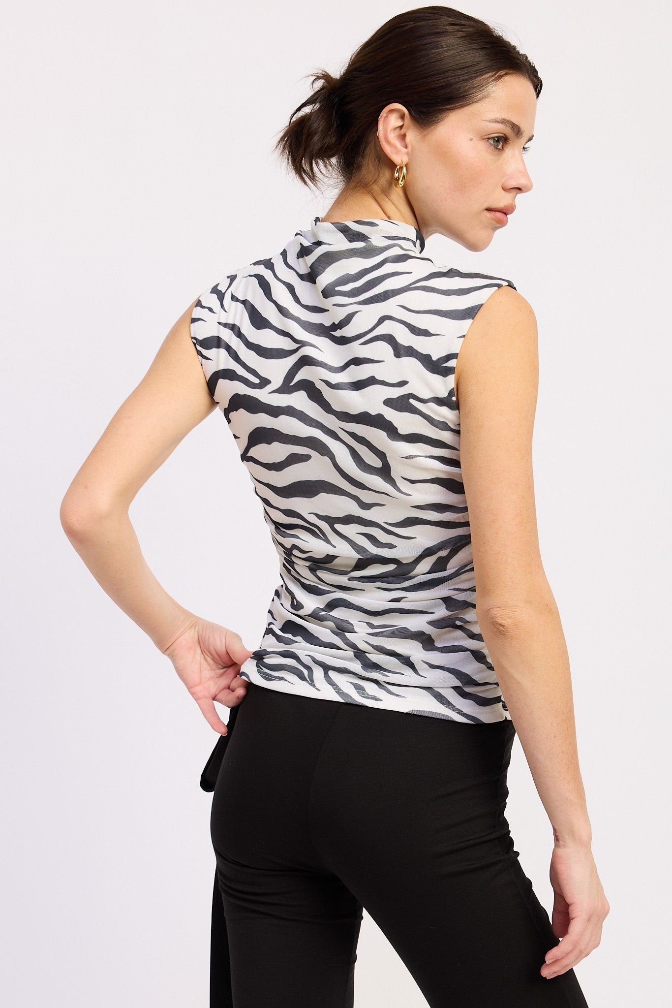 Zella Black and White Printed Mock Neck Mesh Top