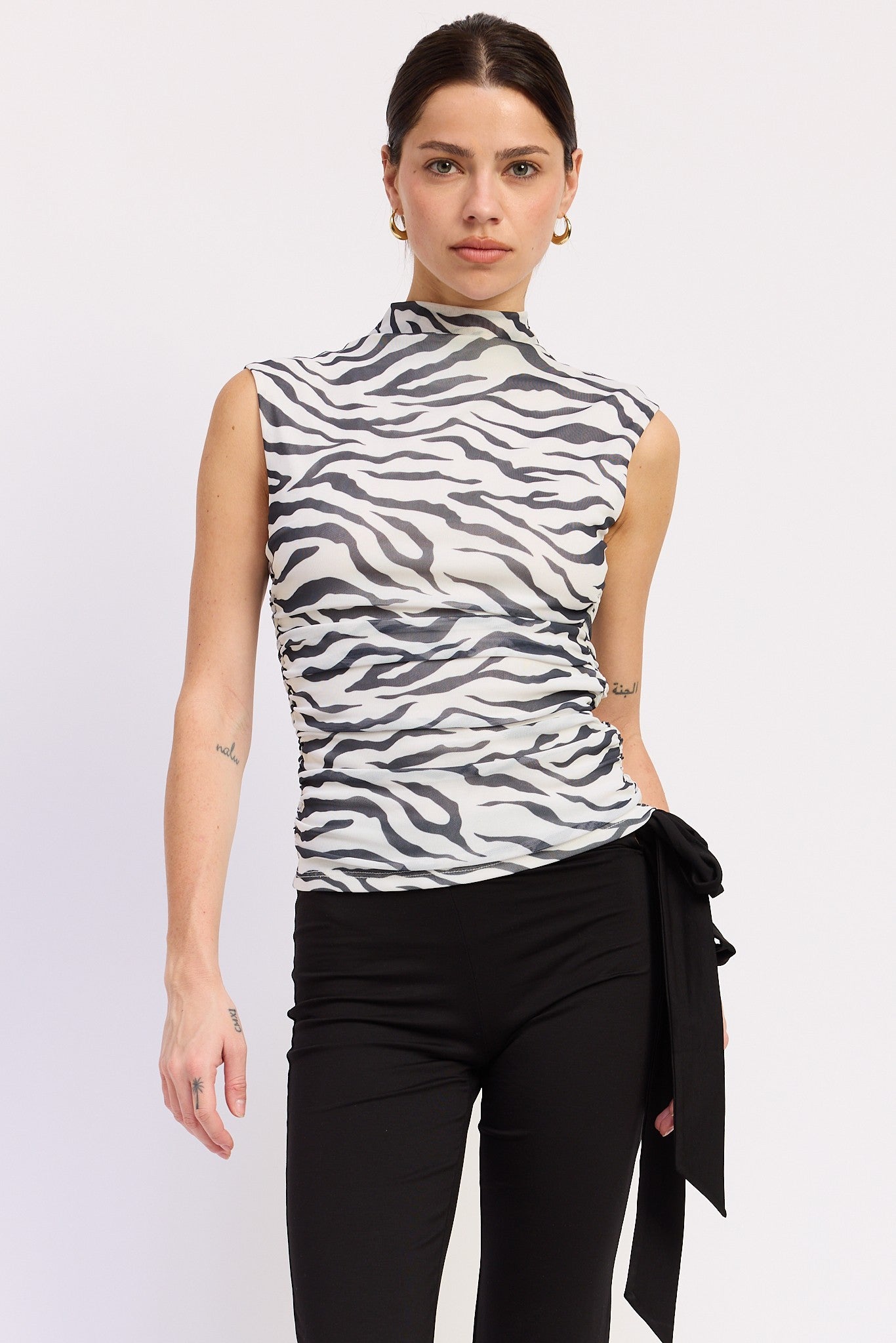 Zella Black and White Printed Mock Neck Mesh Top