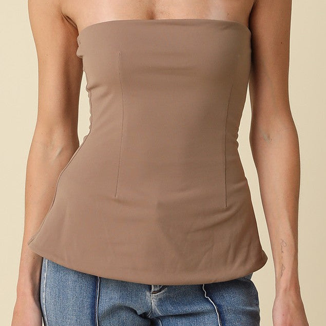 Olive green Mika strapless peplum tube top by Olivaceous, featuring a fitted bodice and flared peplum detail.