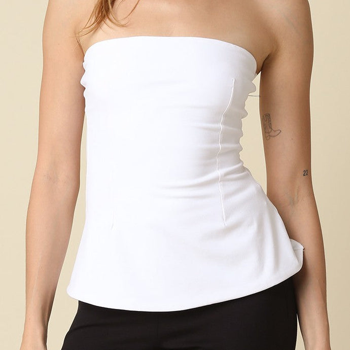 Olive green Mika strapless peplum tube top by Olivaceous, featuring a fitted bodice and flared peplum style for a chic look.