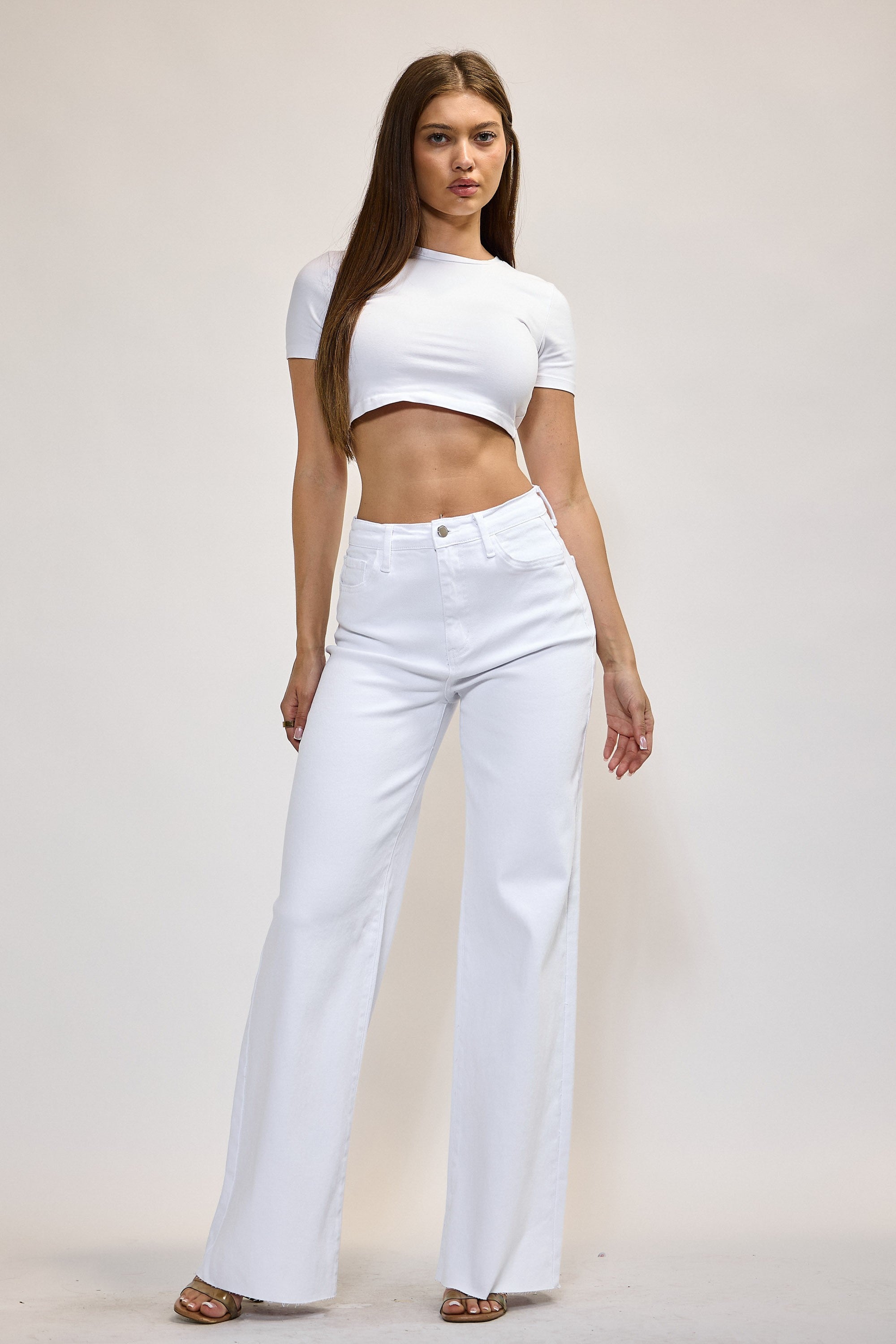 Sarah White Wide Leg High Waist Dad Jean With Raw Hem