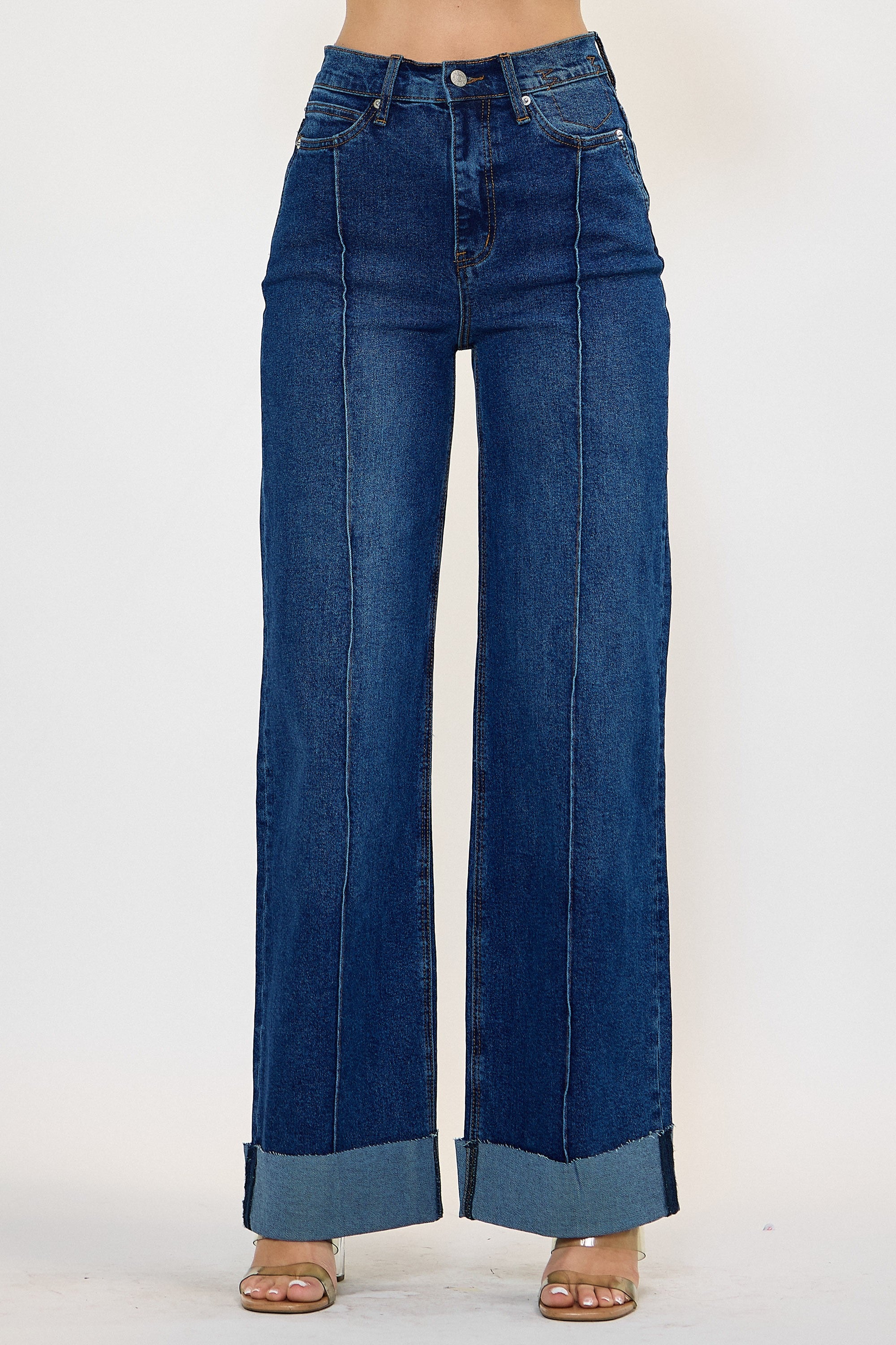 Cassidy Dark Stone Cuffed Front Seam High Waist Jeans