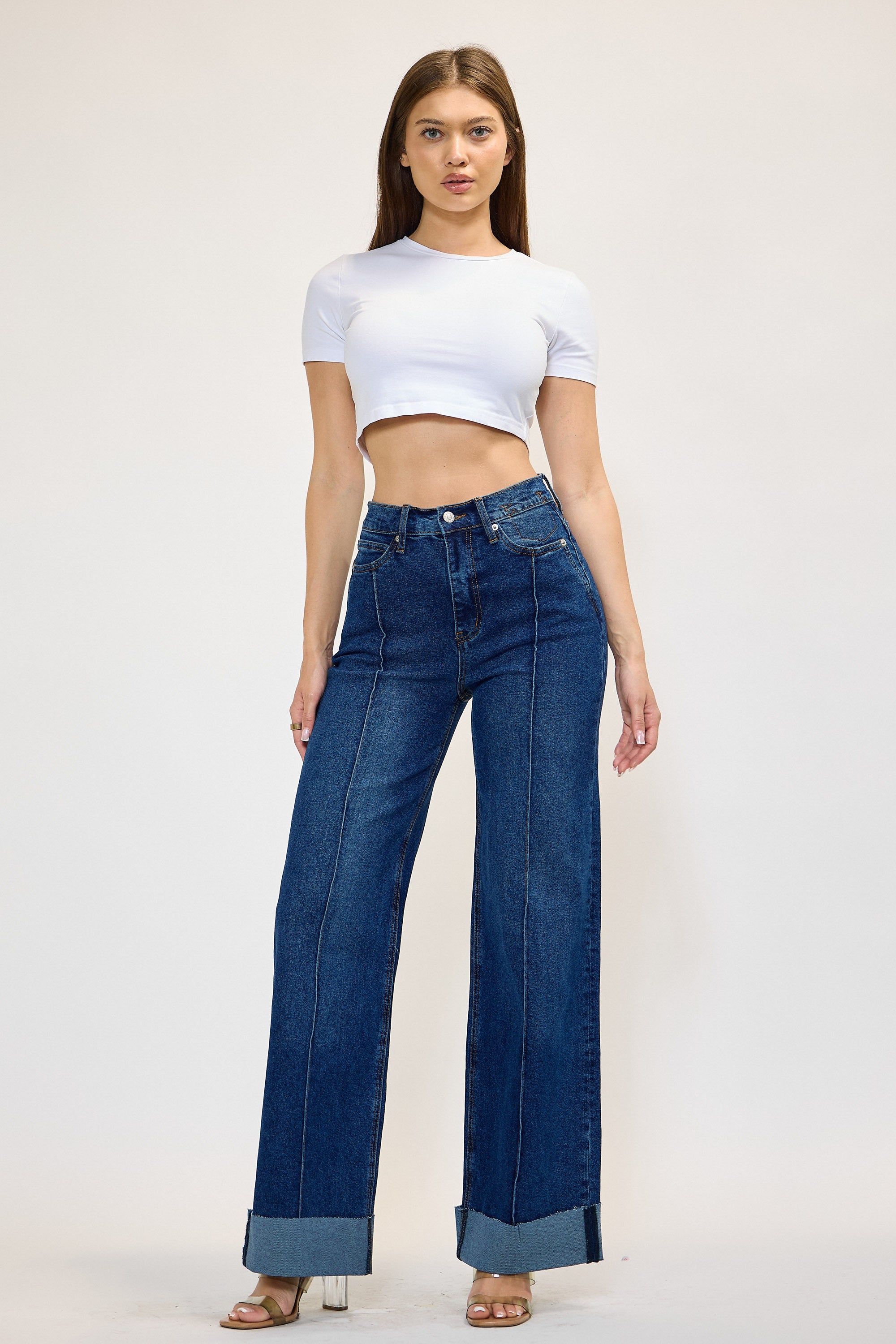 Cassidy Dark Stone Cuffed Front Seam High Waist Jeans