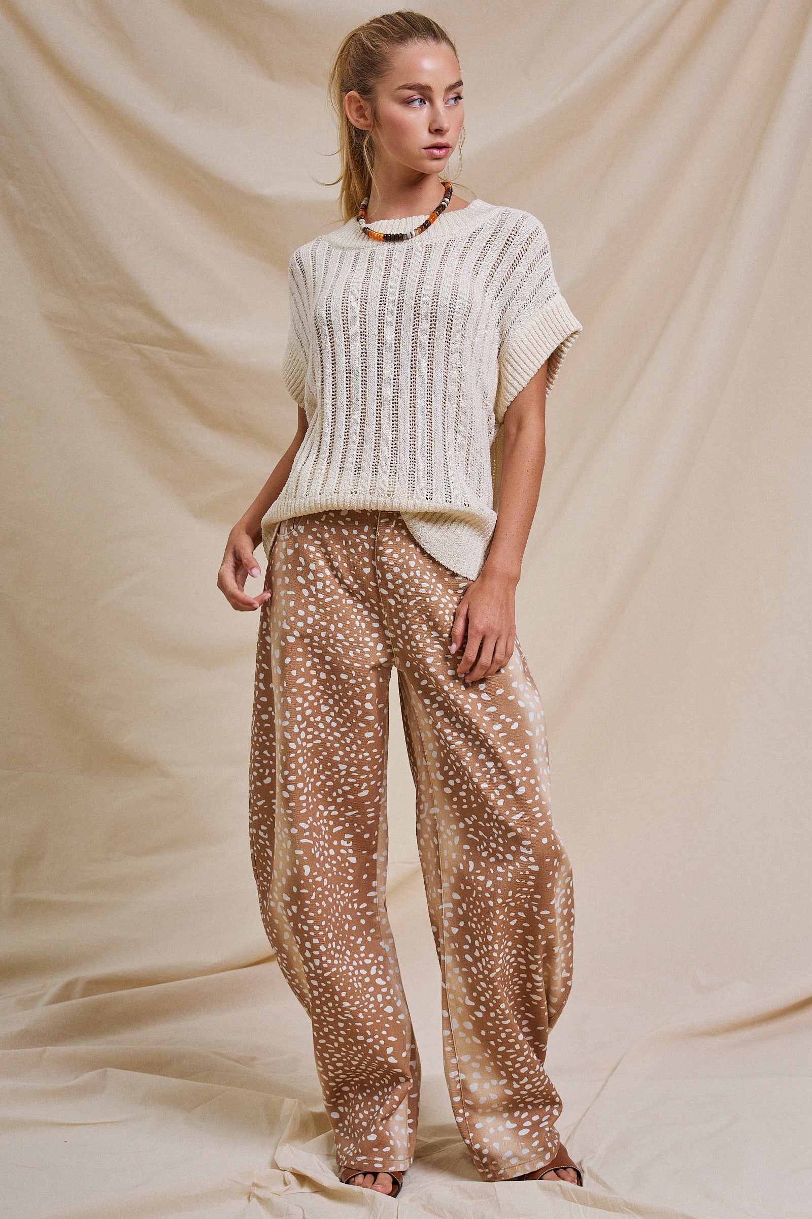 Bambi Khaki Fawn Print Wide Leg Pants