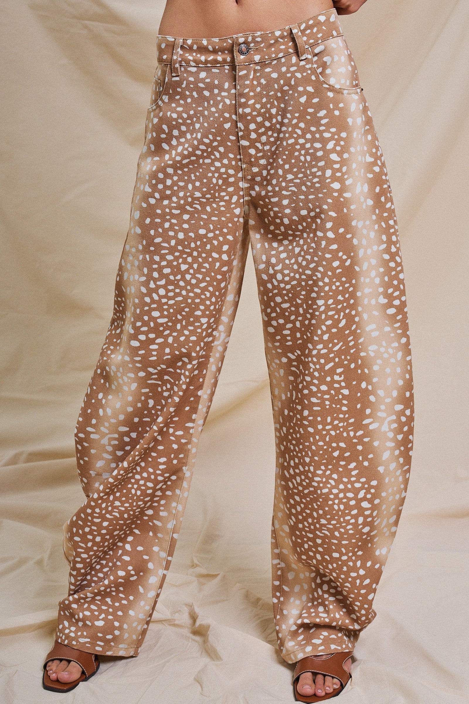 Bambi Khaki Fawn Print Wide Leg Pants
