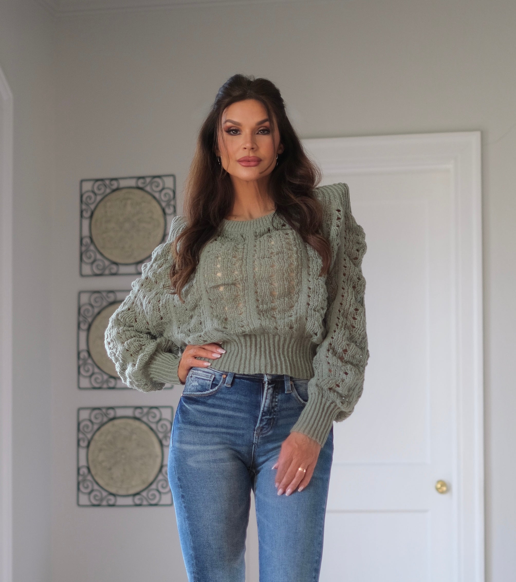 Joy olive chunky knit sweater with shoulder pads