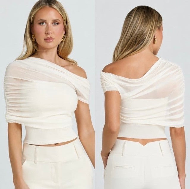 Avery White Off Shoulder Mesh Draped Top