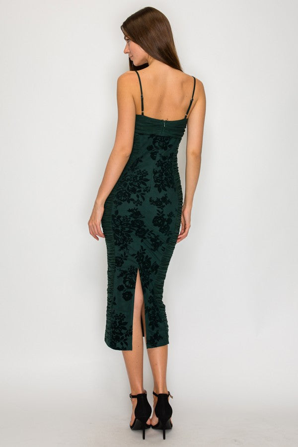 Heather Hunter Green Velour Floral Ruched Midi Dress