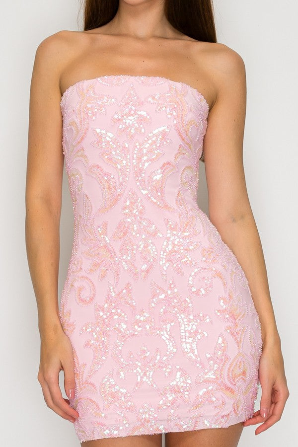 Raelyn Pink Beaded Sequin Bodycon Mini Dress
