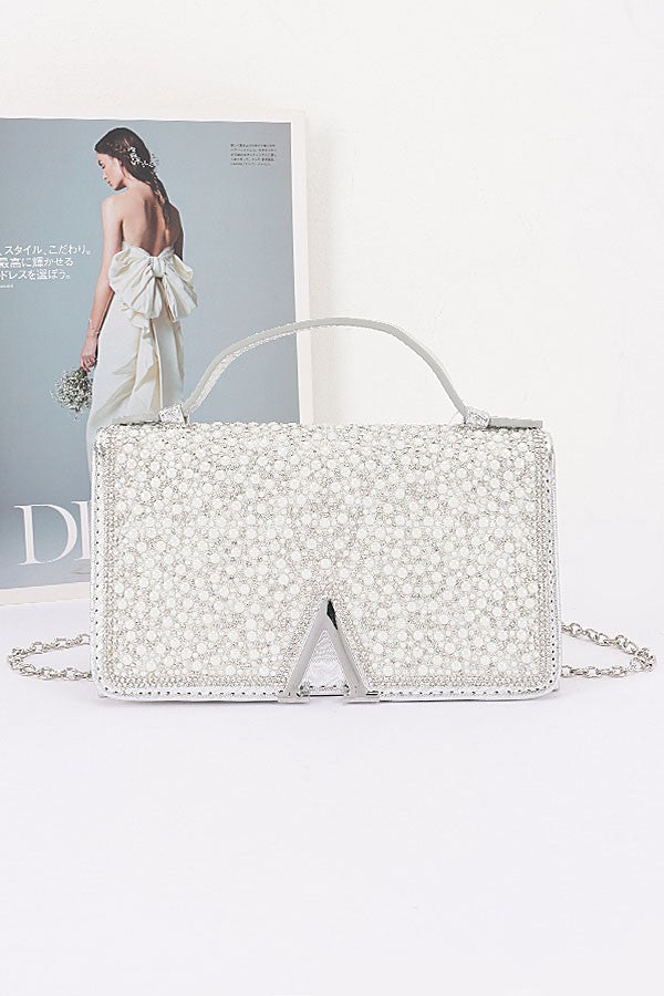 Mila Silver Rhinestone & Pearl Flap Clutch Bag