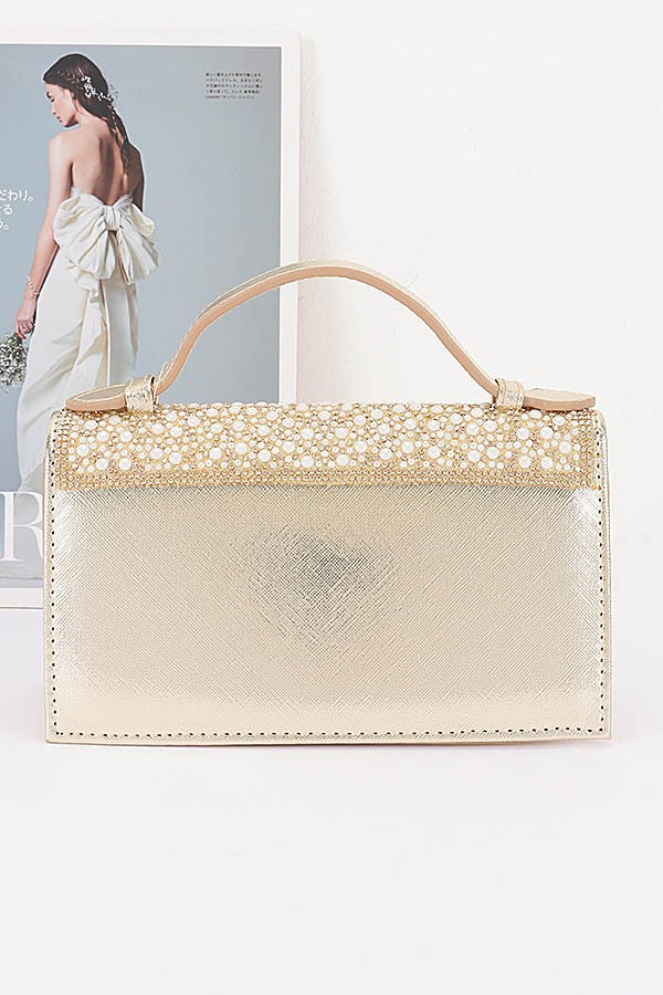 Mila Gold Rhinestone & Pearl Flap Clutch Bag