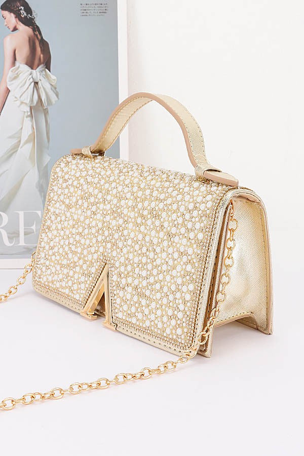 Mila Gold Rhinestone & Pearl Flap Clutch Bag