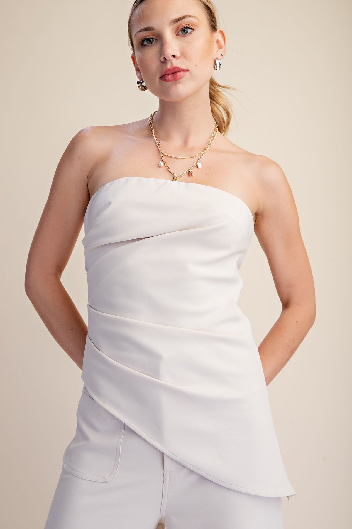 Megan Bandeau Asymmetric Hem Ruched Top