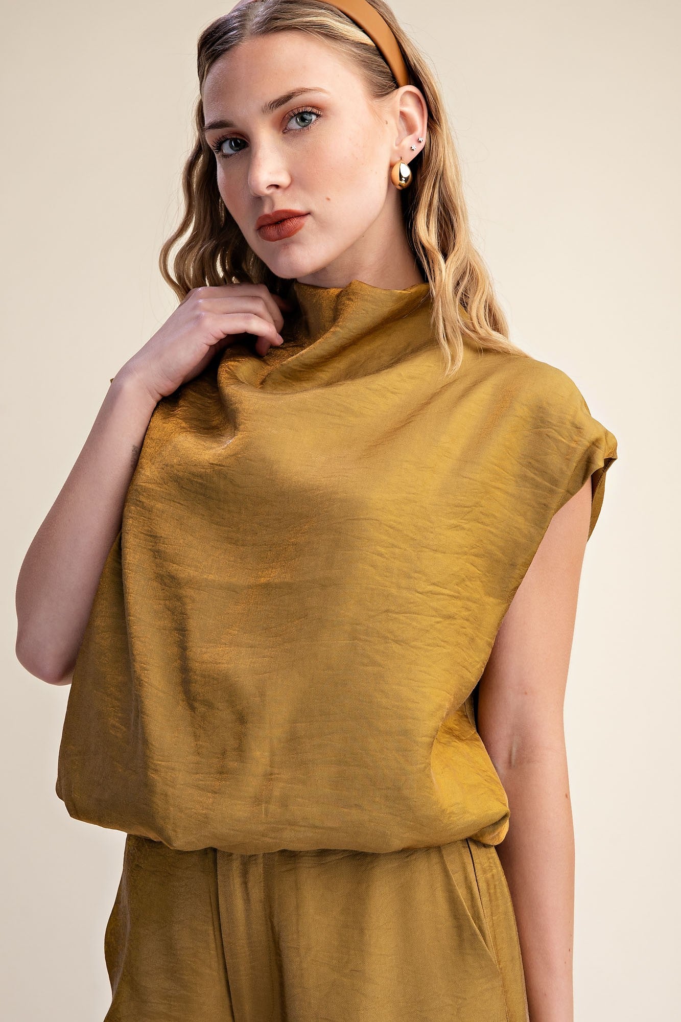 Brooke Mustard Mock Neck Balloon Top