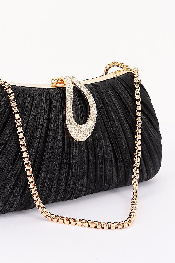 Milena Black Pleated Rhinestone Clutch Bag