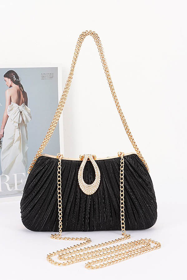 Milena Black Pleated Rhinestone Clutch Bag