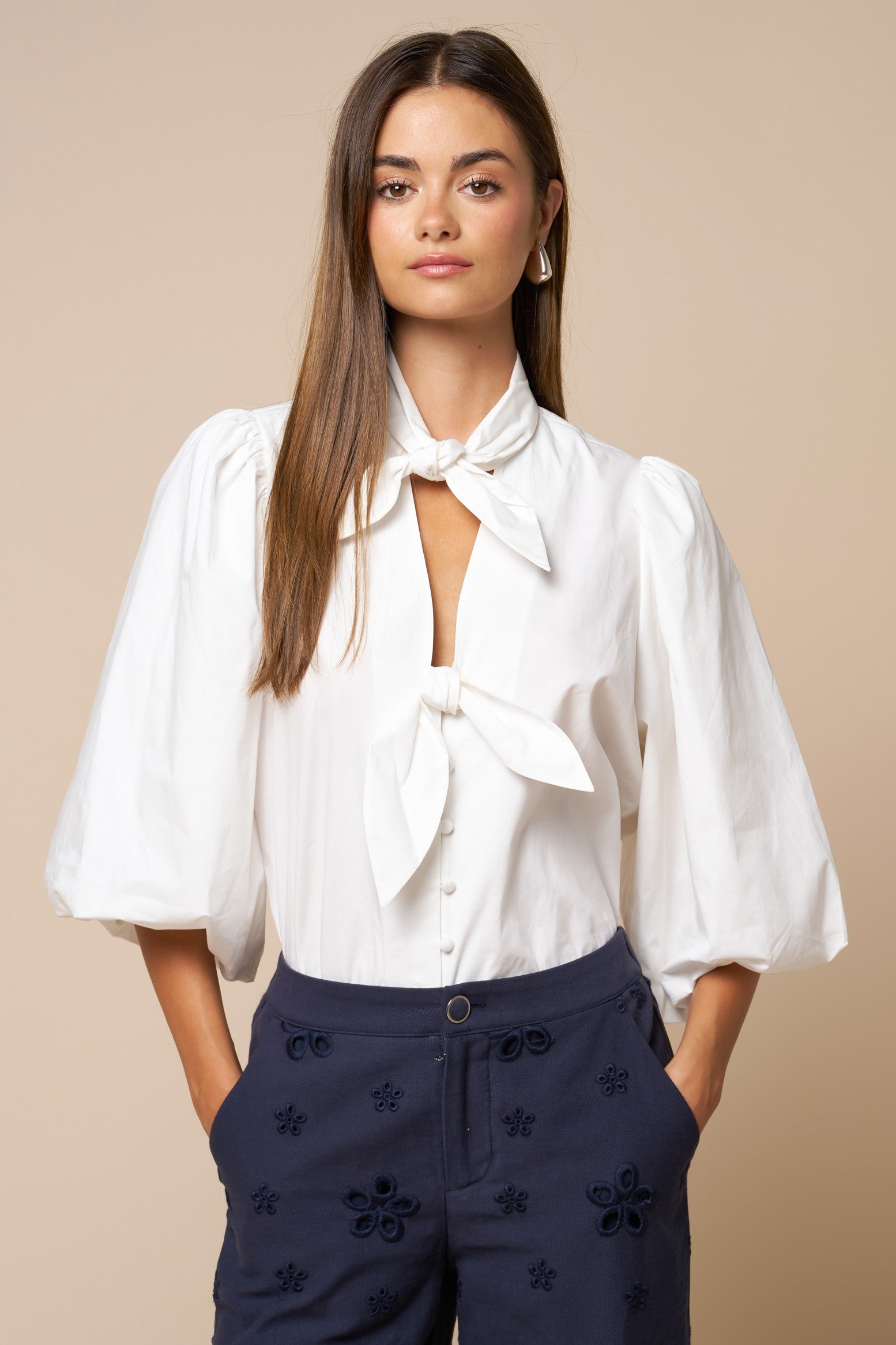 Molly Off White Button Down Top With Bow Detail