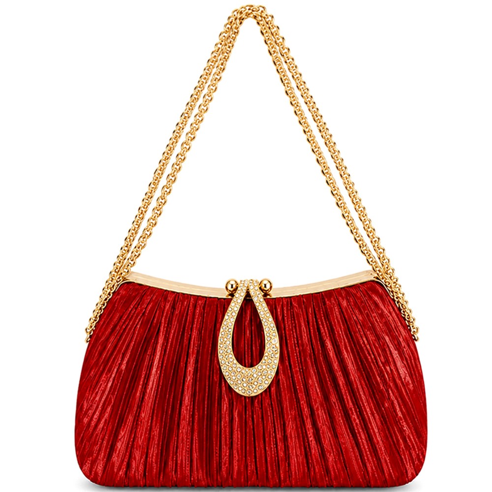 Milena Red Pleated Rhinestone Clutch Bag