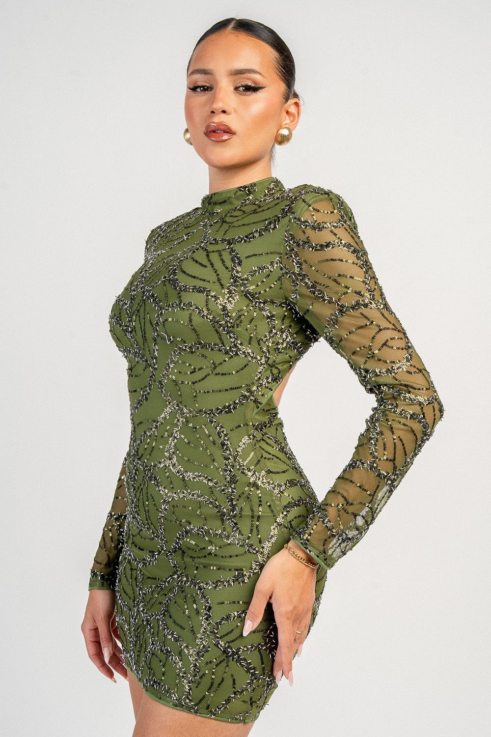 Claudia Olive Beaded Mesh Long Sleeve Open Back Mini Dress