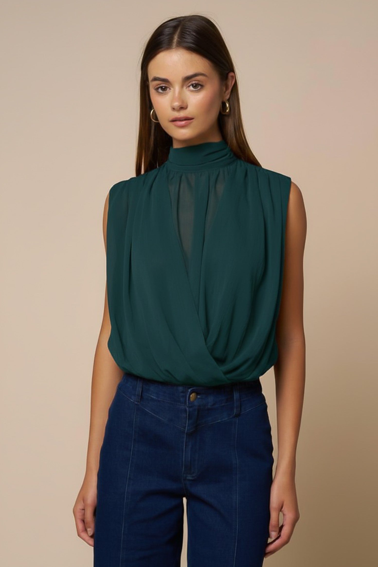 Talia Teal Draped Top With Back Neck Tie
