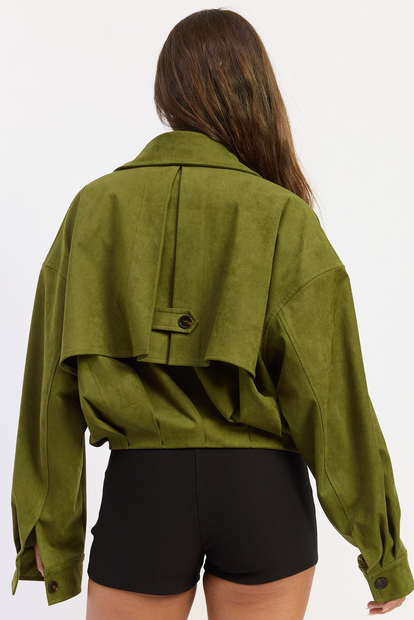 Margo Matcha Green Suede Short Trench Coat