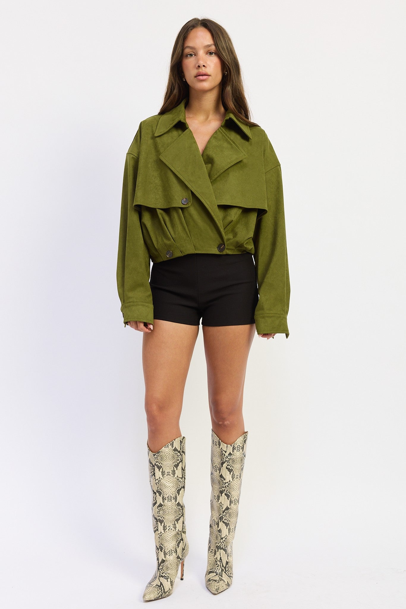 Margo Matcha Green Suede Short Trench Coat